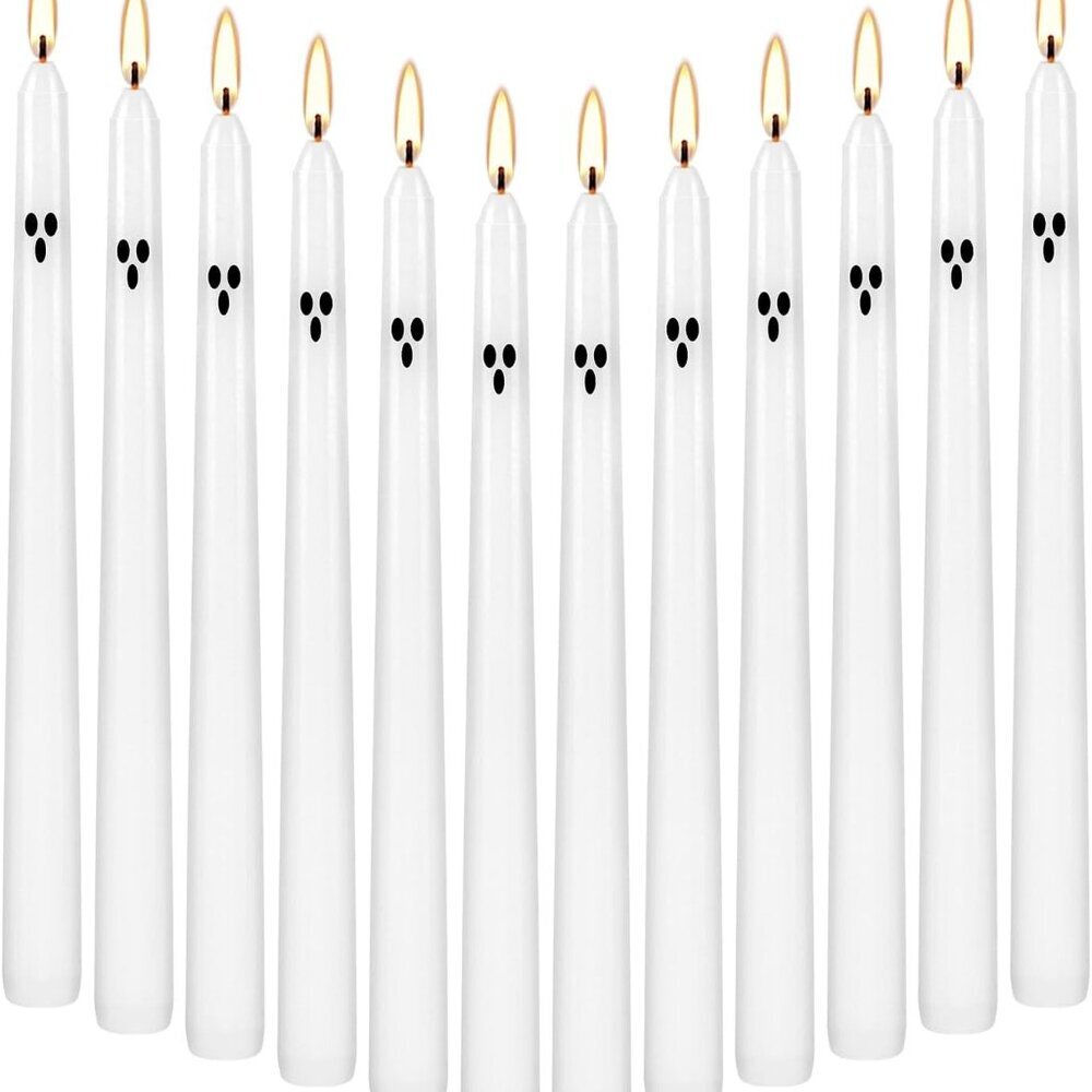 12 Pack Halloween Taper Candles - 10 Inch White Ghost Face Smokeless Candles, Lo